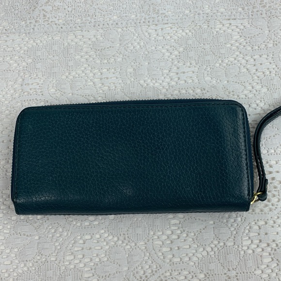 Fossil Leather Wallet Dark teal green gold zip around Pockets Cards cash coins - Picture 2 of 12